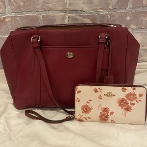 Maroon Coach tote with coordinating floral wristlet